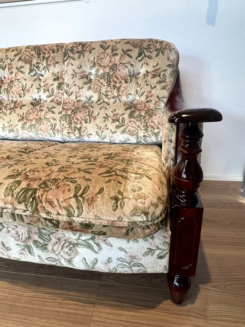 すずきさ！オールドカリモク 3Pソファ／花柄ファブリック／ヴィンテージ