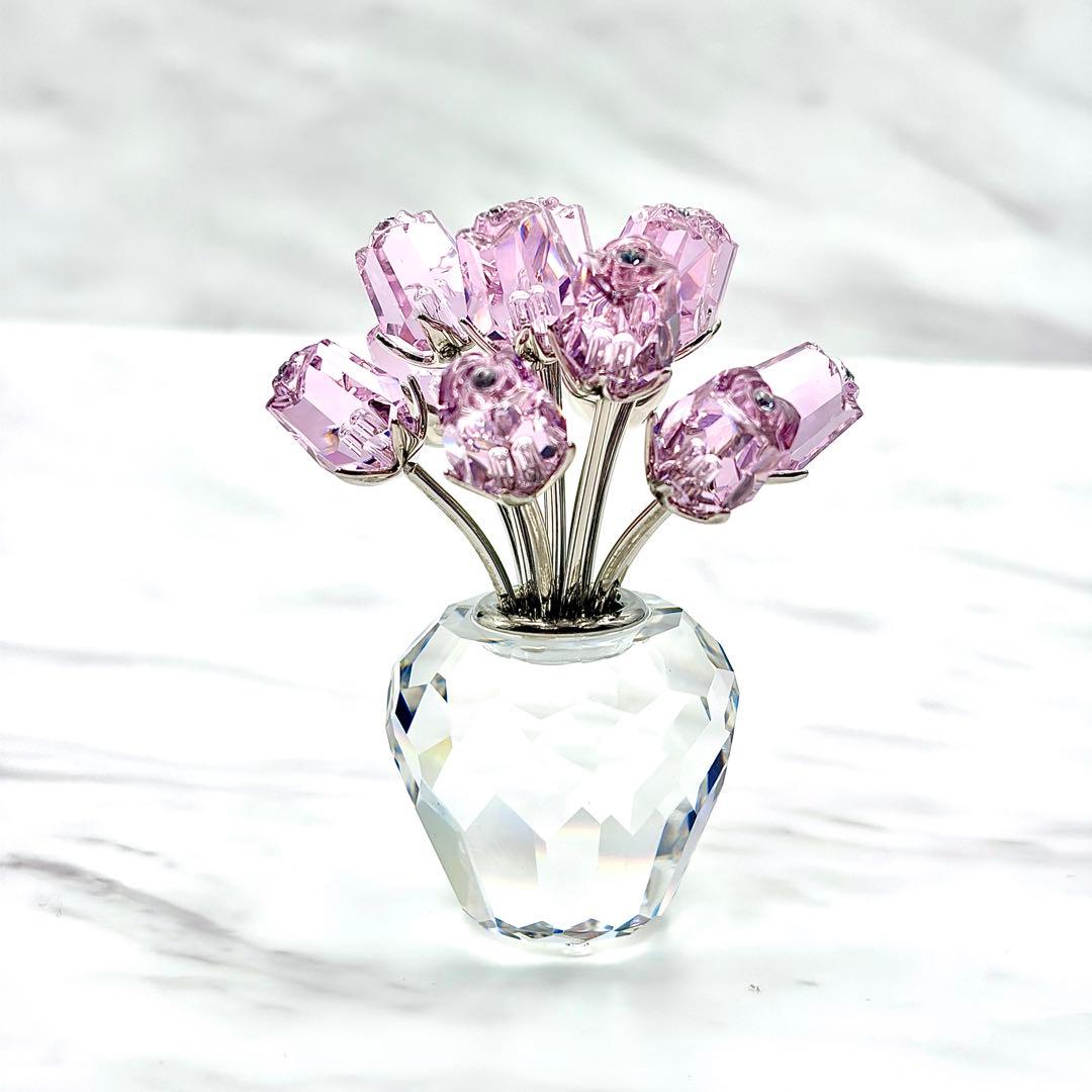 極美品　SWAROVSKI 置物　ピンク　バラ　薔薇と花瓶　インテリア　12本