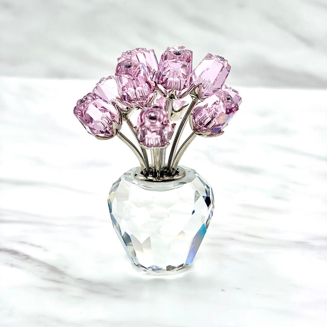 極美品　SWAROVSKI 置物　ピンク　バラ　薔薇と花瓶　インテリア　12本