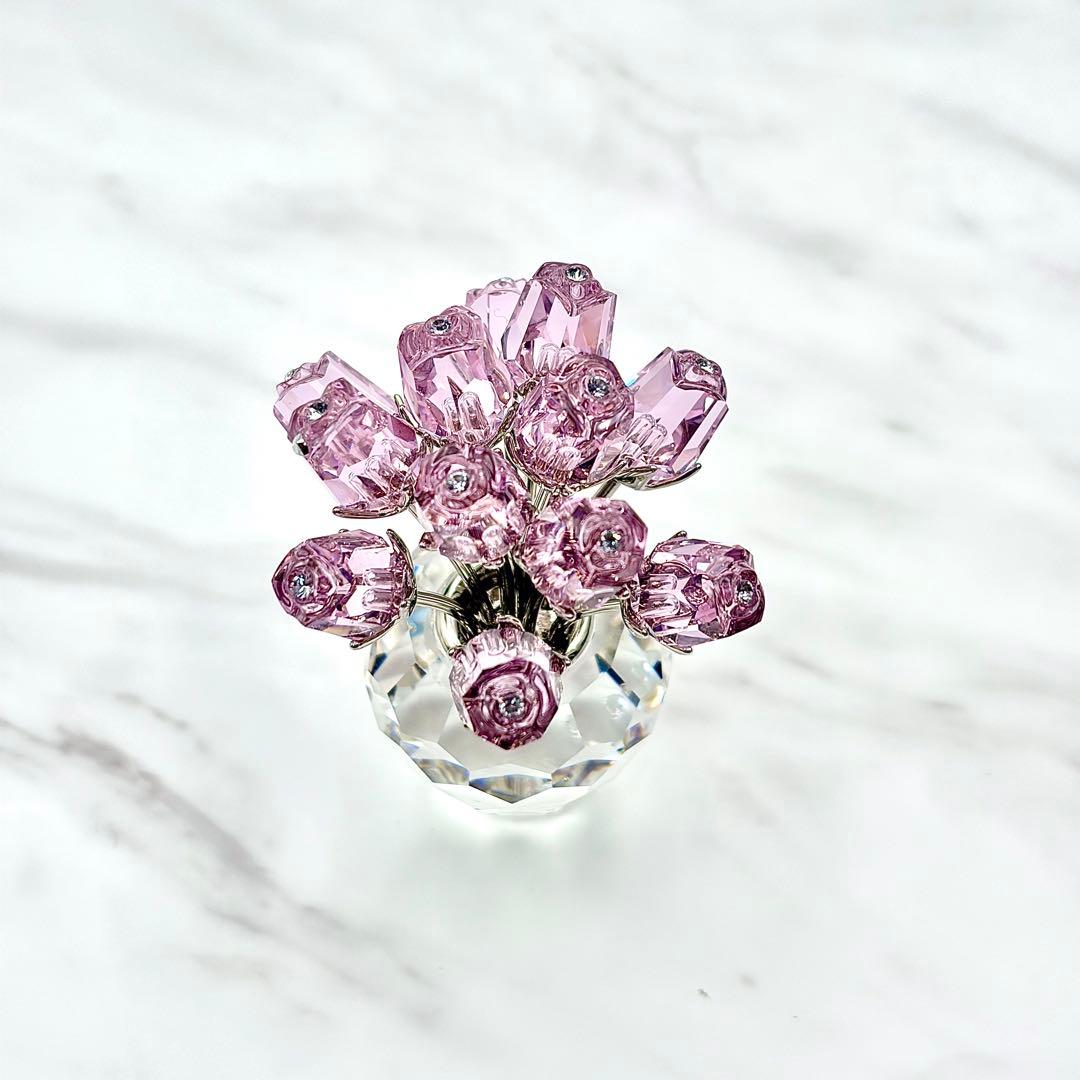 極美品　SWAROVSKI 置物　ピンク　バラ　薔薇と花瓶　インテリア　12本