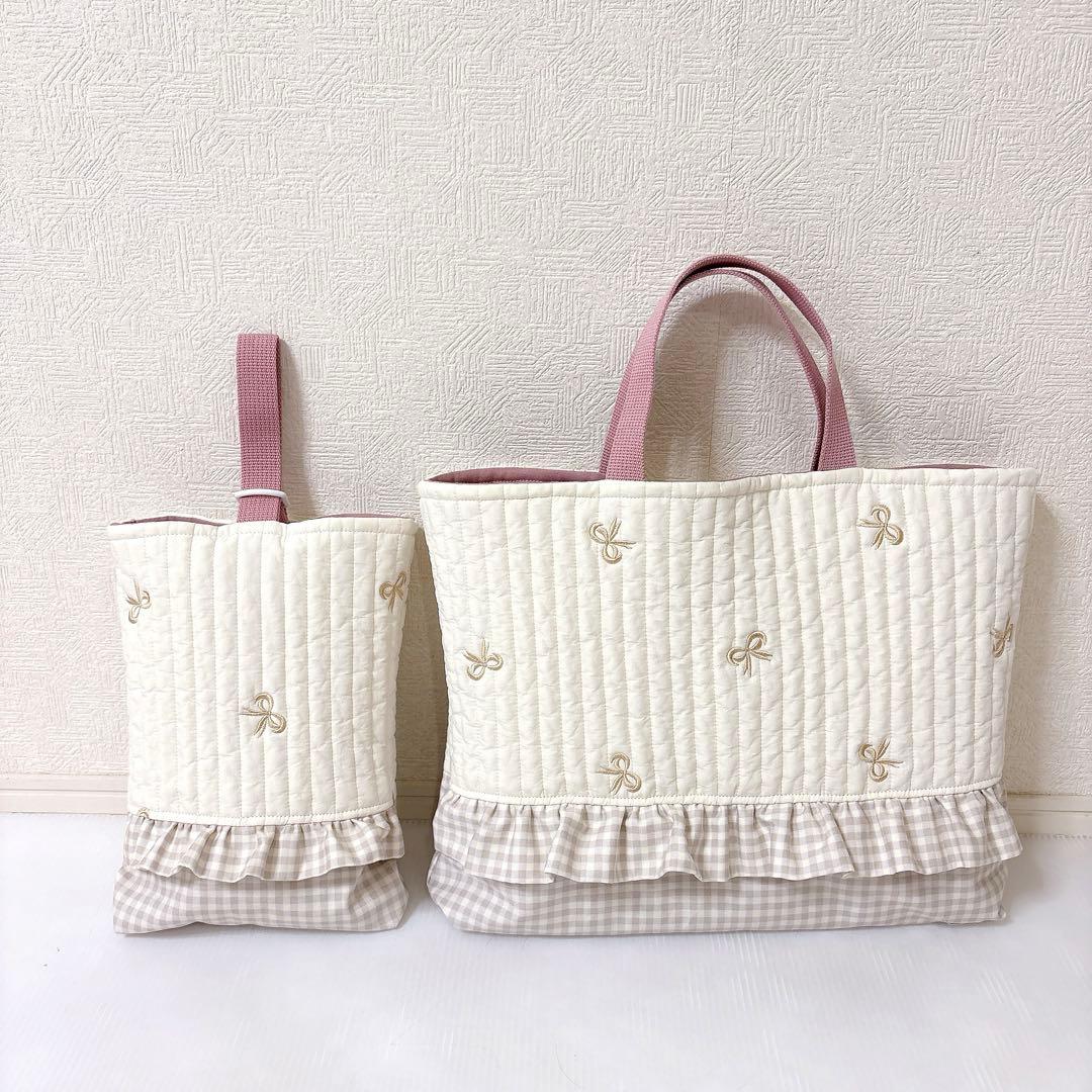 レッスンバッグ 上履き入れ　ランチョンマット　コップ袋　お弁当袋　ヌビリボン刺繍
