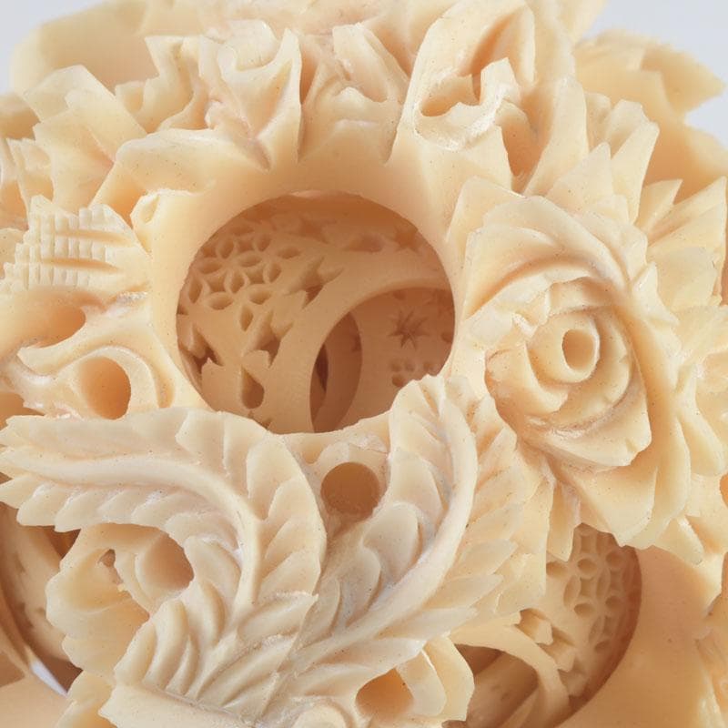 中国　練物　龍鳳凰彫刻　多層球　置物　唐木台付　V　9977