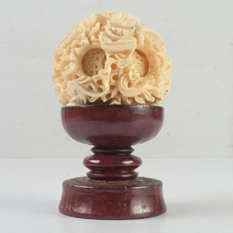 中国　練物　龍鳳凰彫刻　多層球　置物　唐木台付　V　9977
