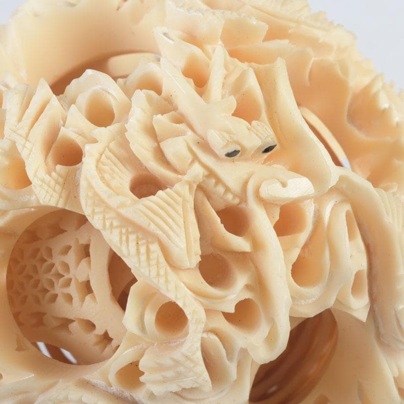 中国　練物　龍鳳凰彫刻　多層球　置物　唐木台付　V　9977