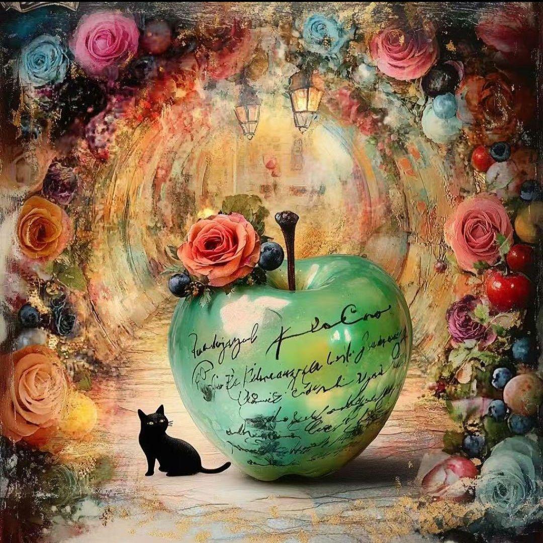 黒猫りんごパネル生地　ハンドメイド