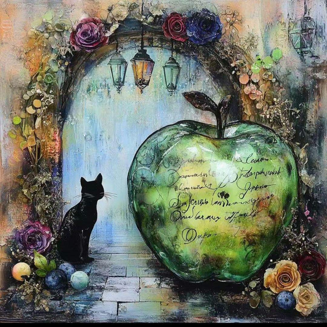 黒猫りんごパネル生地　ハンドメイド