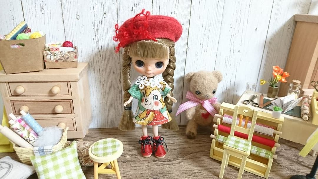 アユミーム⭐プチブライス ～緑レトロ猫ちゃんワンピースセット～