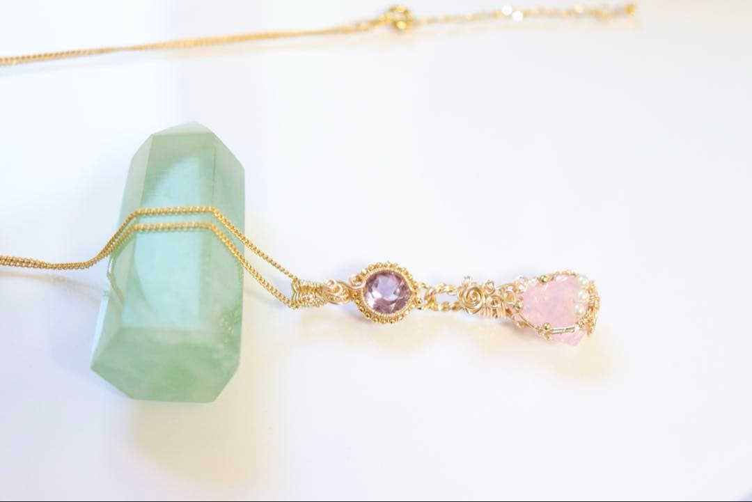 アンダラクリスタルとアメジストのワイヤージュエリーネックレス✧２月誕生石♡