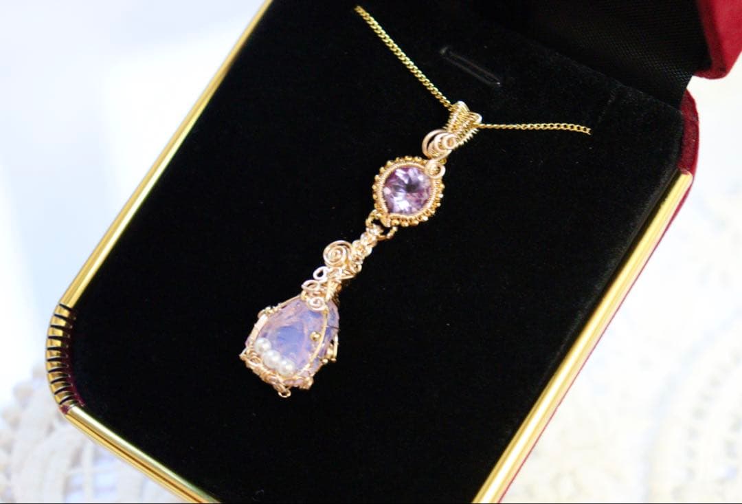 アンダラクリスタルとアメジストのワイヤージュエリーネックレス✧２月誕生石♡