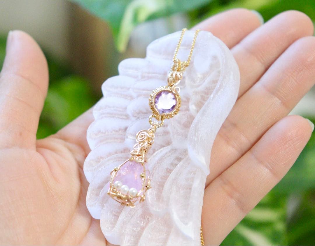 アンダラクリスタルとアメジストのワイヤージュエリーネックレス✧２月誕生石♡