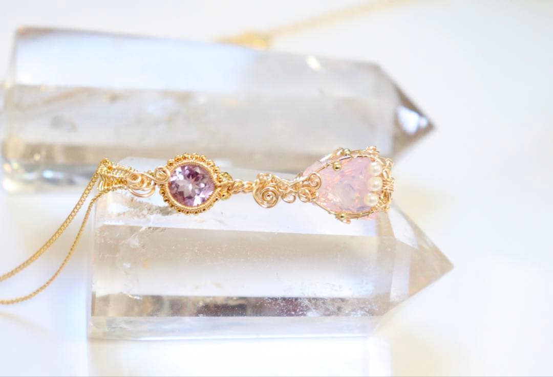 アンダラクリスタルとアメジストのワイヤージュエリーネックレス✧２月誕生石♡