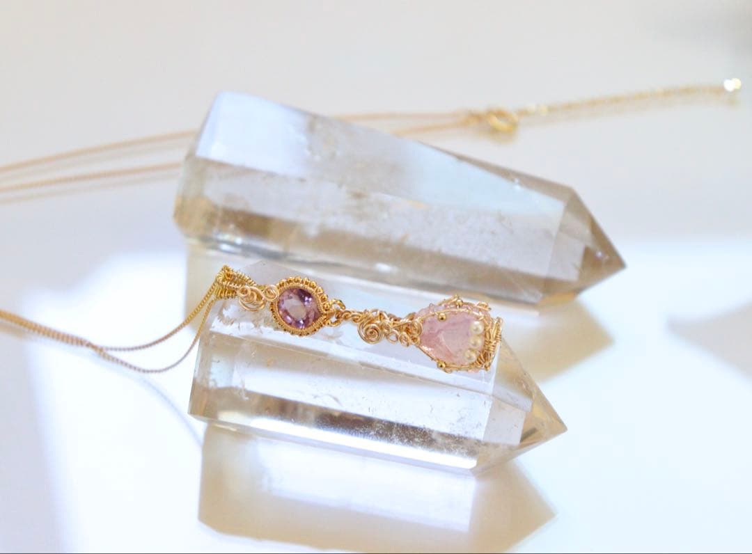 アンダラクリスタルとアメジストのワイヤージュエリーネックレス✧２月誕生石♡