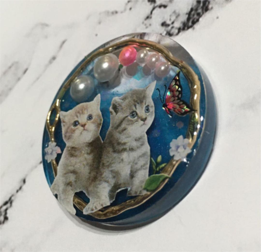 レジンヘアゴム、メタルリングとパールの仲良し猫ちゃん