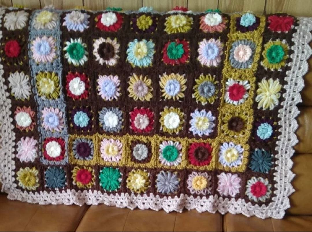 手編みブランケット ひざ掛け マルチカバー パッチワーク①