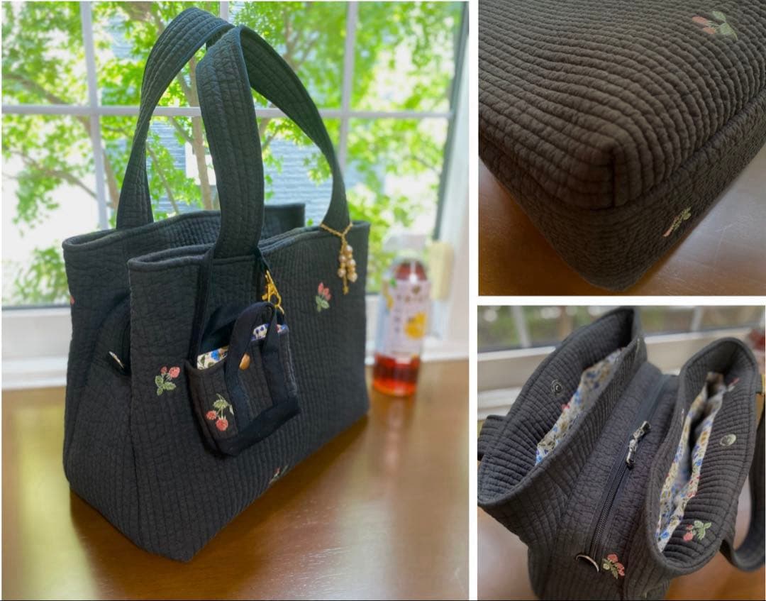 ブラック×いちご　3ルームズバッグ　ヌビバッグ　ハンドメイド