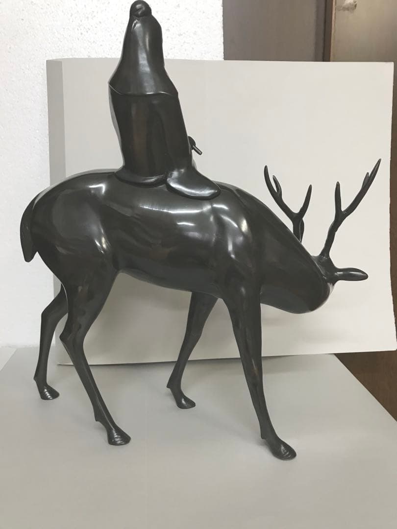 銅器:鹿乗寿老人置物