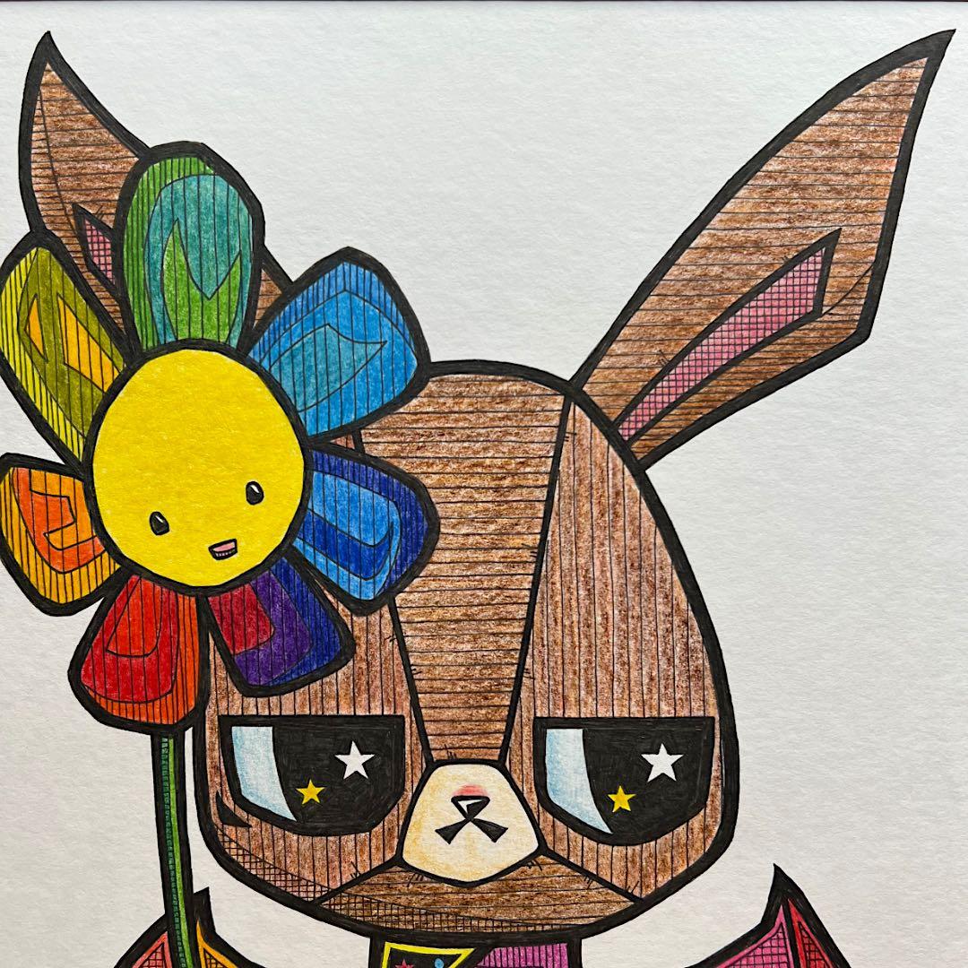 動物 原画 絵 手描き 癒し 猫 うさぎ 虹 一点物 額縁付『優しさを知った夜』