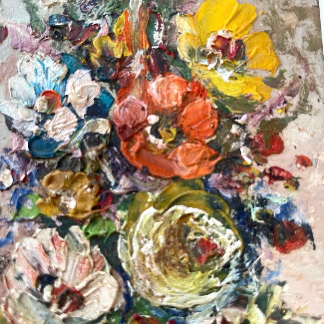ブロカントフランス蚤の市小さな油絵、花柄5枚組
