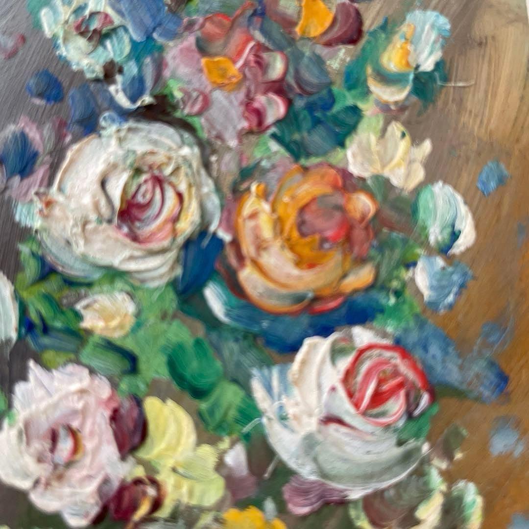 ブロカントフランス蚤の市小さな油絵、花柄5枚組