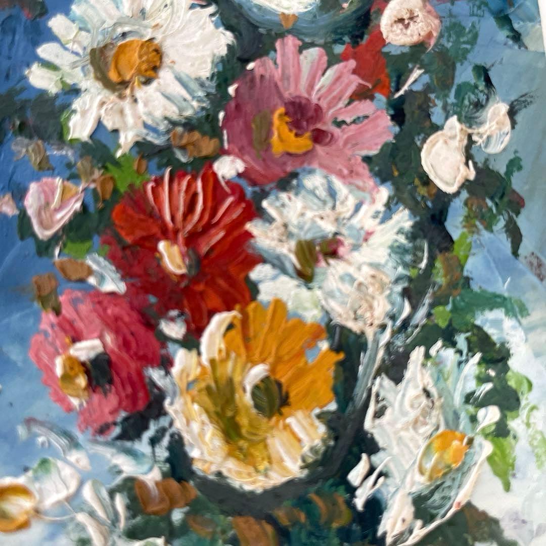 ブロカントフランス蚤の市小さな油絵、花柄5枚組