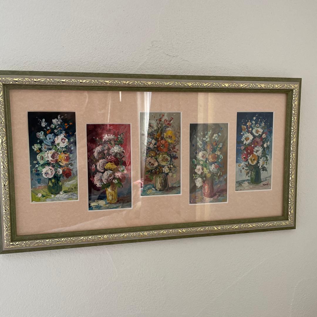 ブロカントフランス蚤の市小さな油絵、花柄5枚組