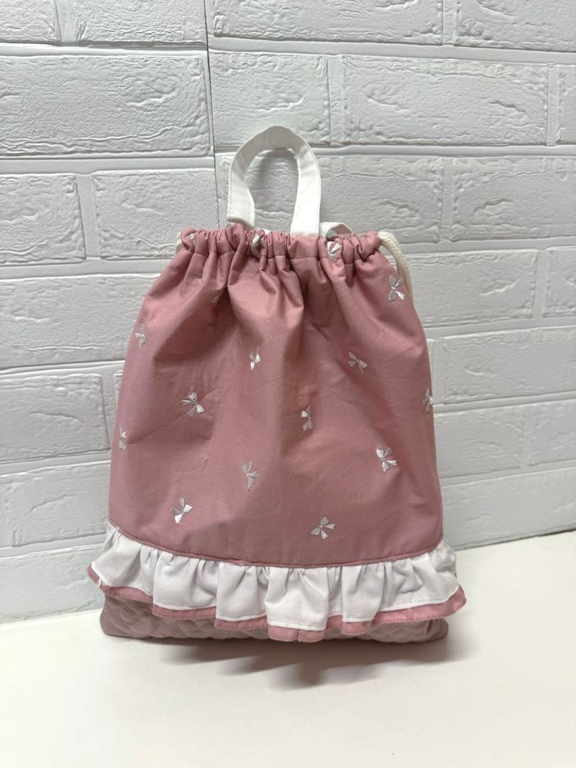 3点set リボン刺繍　レッスンバッグ　上履き袋　体操服袋　お弁当袋　巾着袋