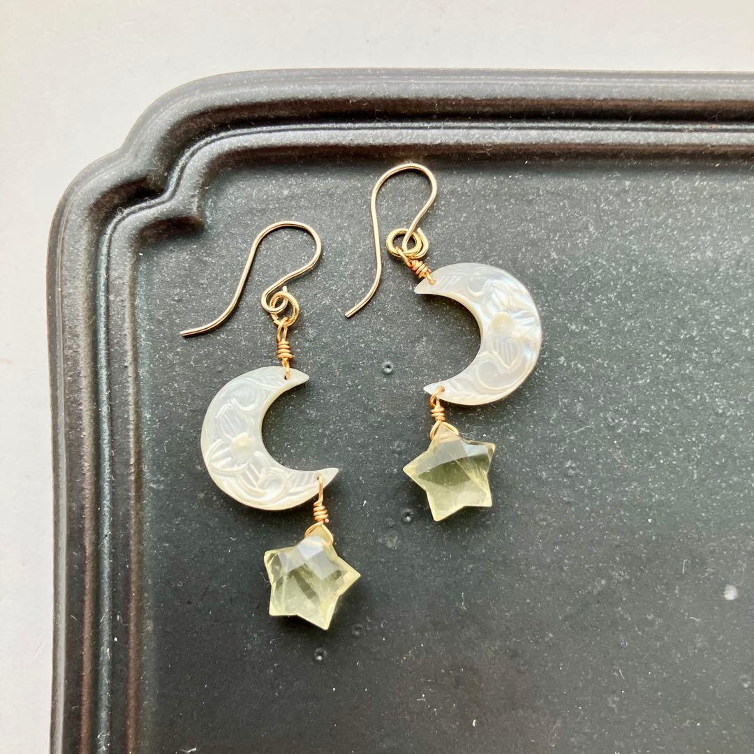 14kgf 天然石 マザーオブパール レモンクォーツ 月 星 ピアス イヤリング