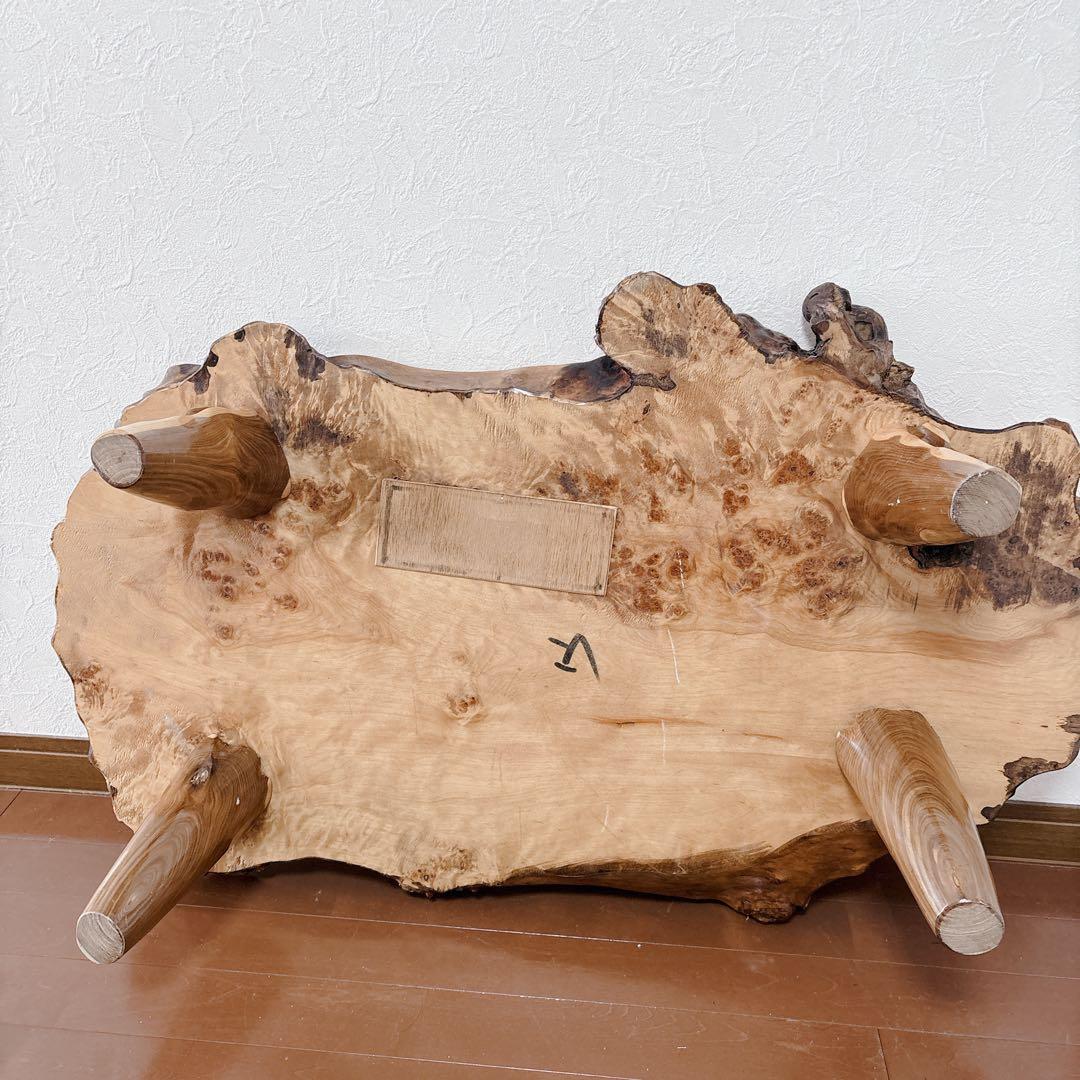天然木 瘤材 一枚板 座卓 100cm 牡丹彫刻 杢目 瘤木 無垢 ローテーブル