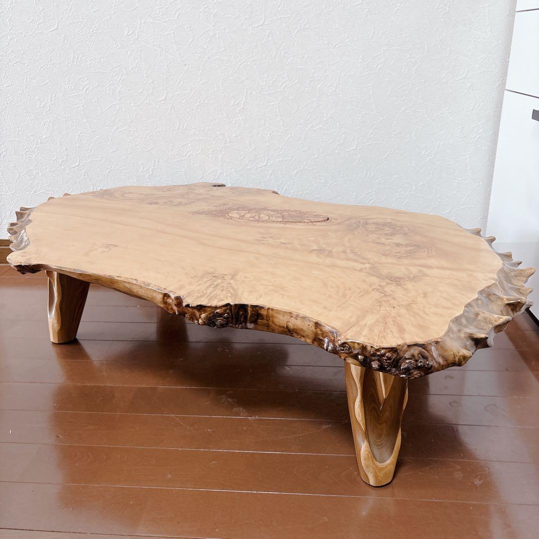 天然木 瘤材 一枚板 座卓 100cm 牡丹彫刻 杢目 瘤木 無垢 ローテーブル
