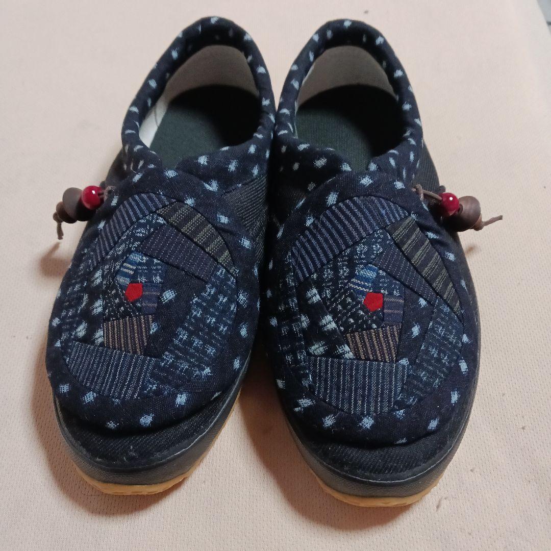 古布リメイク～雪ん子絣書生絣縞古布リメイク足袋シューズ25cm