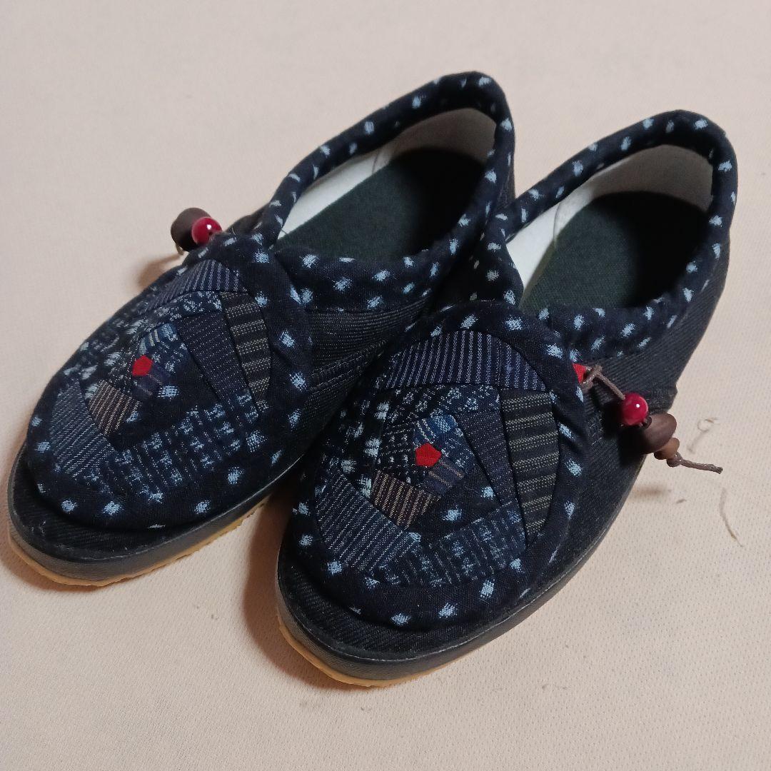 古布リメイク～雪ん子絣書生絣縞古布リメイク足袋シューズ25cm