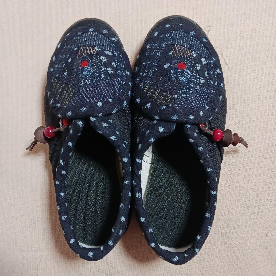 古布リメイク～雪ん子絣書生絣縞古布リメイク足袋シューズ25cm
