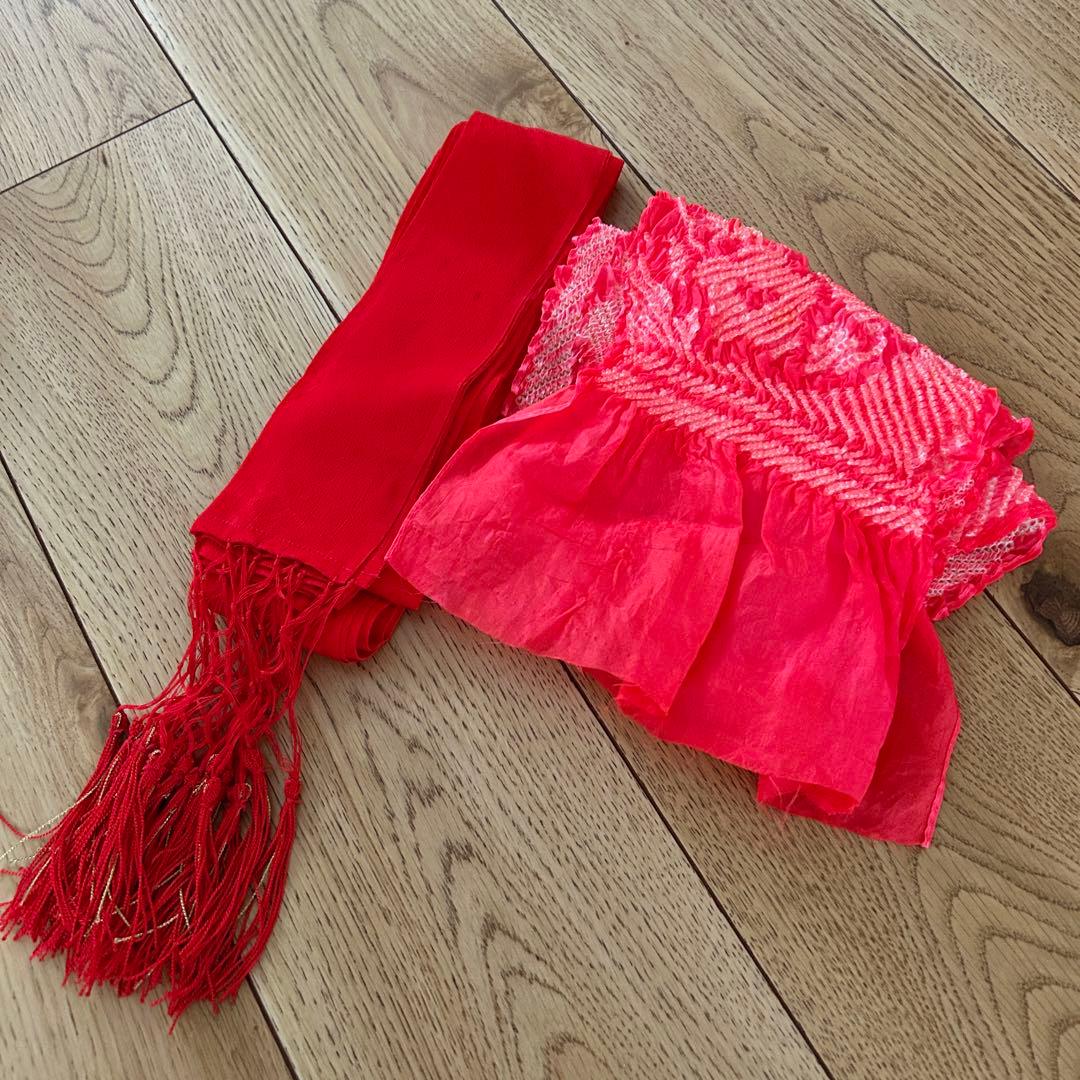 正絹　七五三 女の子7歳着物・帯セット　白　レトロ　アンティーク　日本製