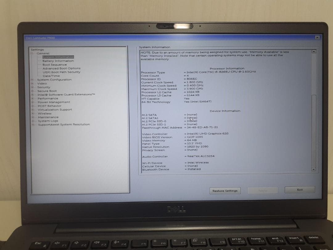60L0326-02【ジャンク】Latitude 7300 i5 16GB