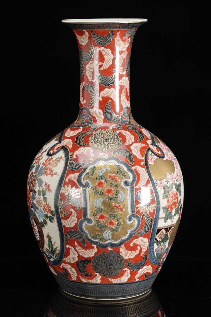 伊万里焼 大型花瓶 飾壺 45.5㎝ 赤絵金彩 美人花車図 伊萬里 古美術 骨董