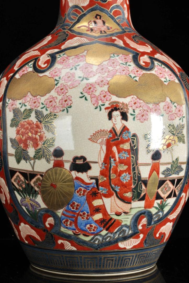 伊万里焼 大型花瓶 飾壺 45.5㎝ 赤絵金彩 美人花車図 伊萬里 古美術 骨董