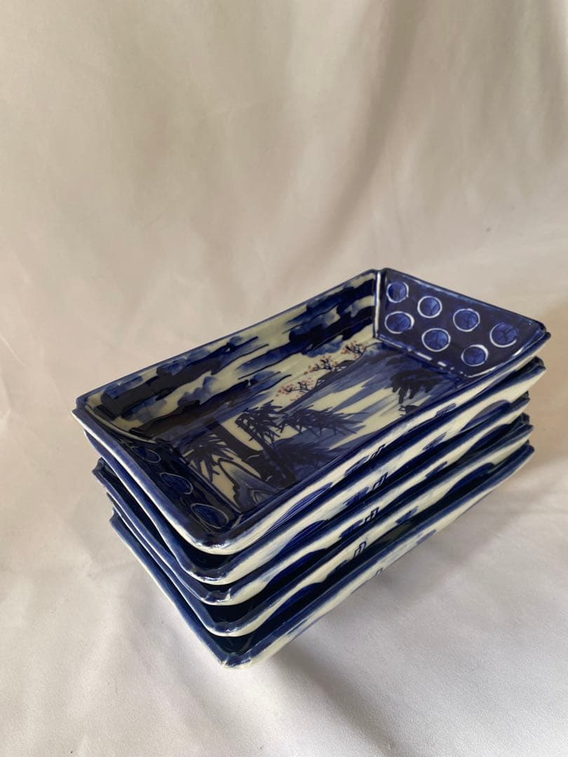 骨董　古伊万里　明治　ベロ藍　長角皿　5客セット