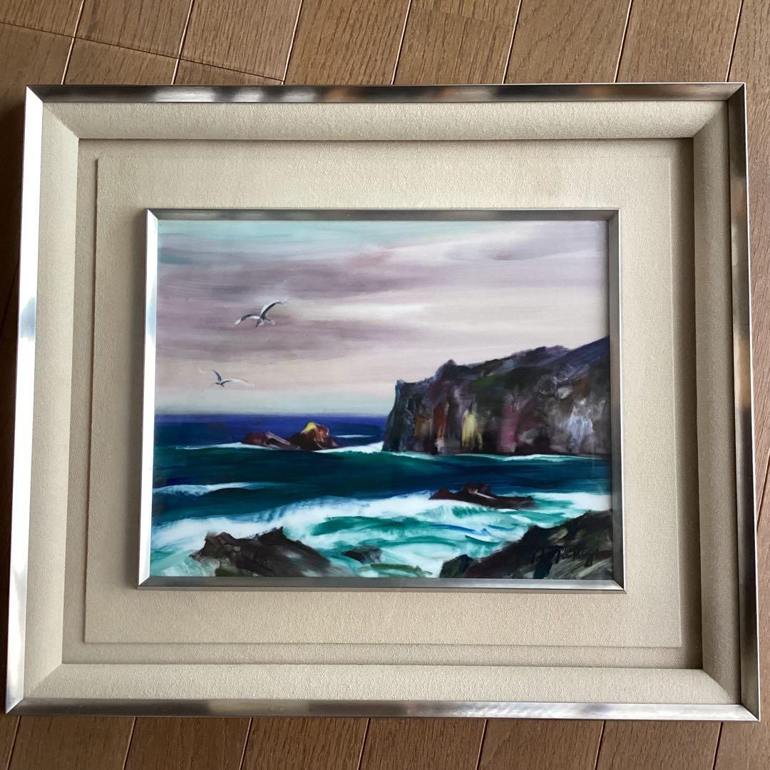 陶板画　額入り　海　海岸　波