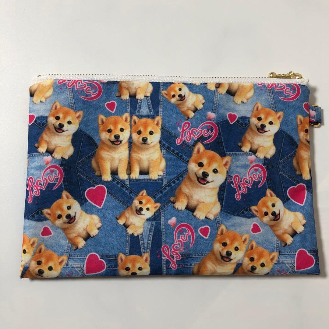柴犬　フラットポーチ　 20センチファスナー