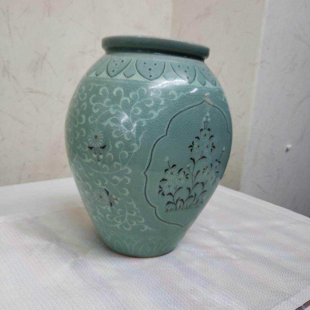蔵出し特価青緑色の花瓶 陶器製作家物高さ21cm幅15cm×13cm