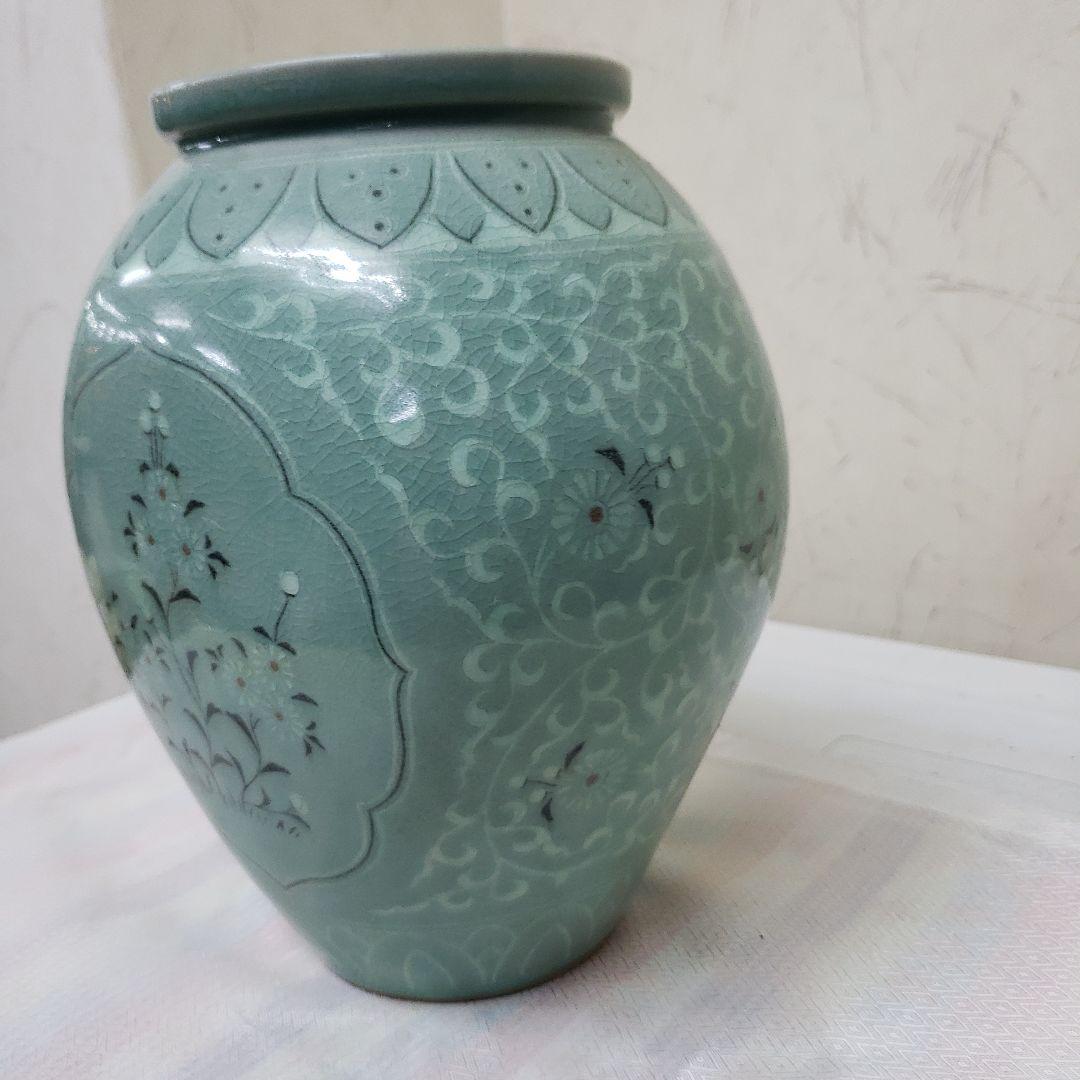 蔵出し特価青緑色の花瓶 陶器製作家物高さ21cm幅15cm×13cm