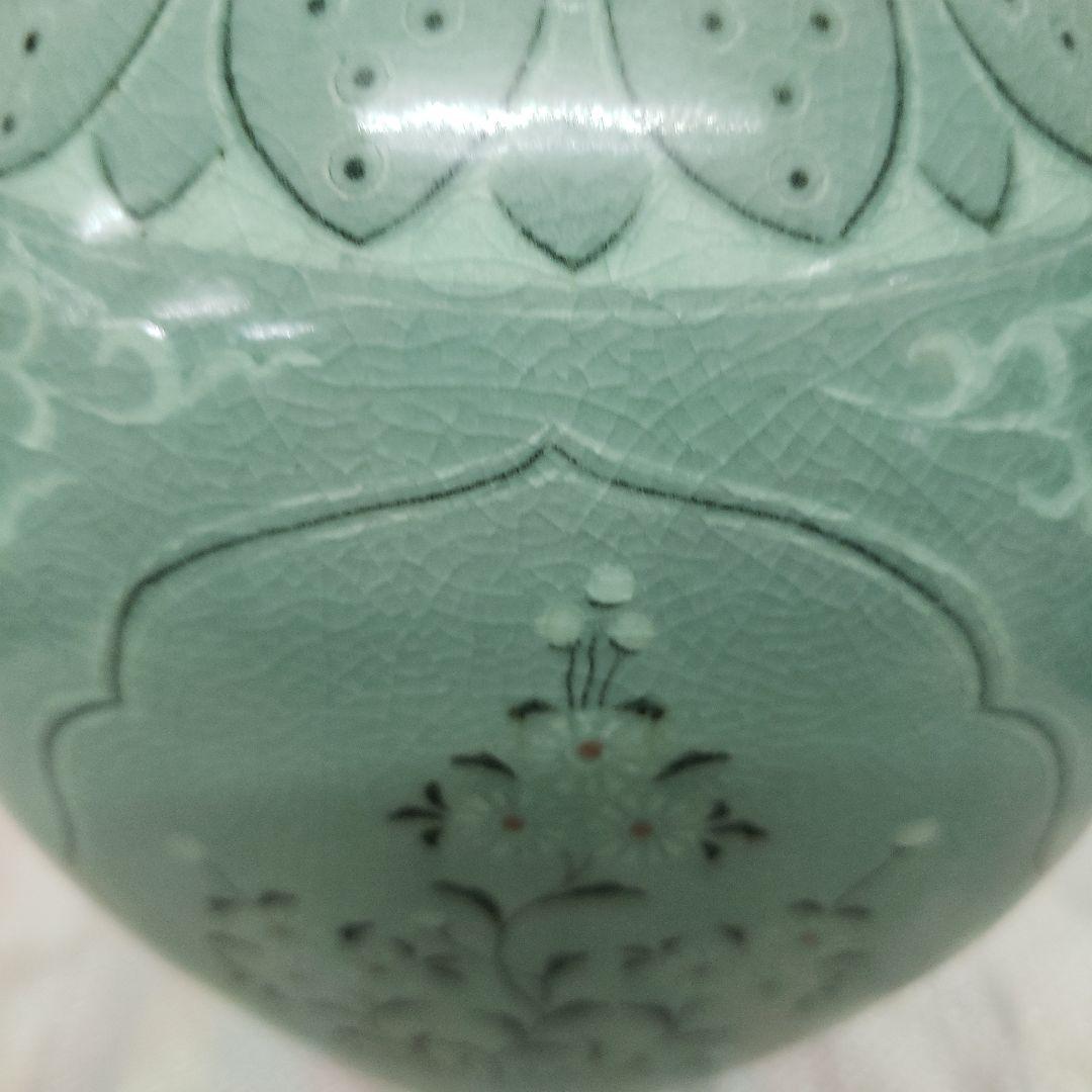 蔵出し特価青緑色の花瓶 陶器製作家物高さ21cm幅15cm×13cm
