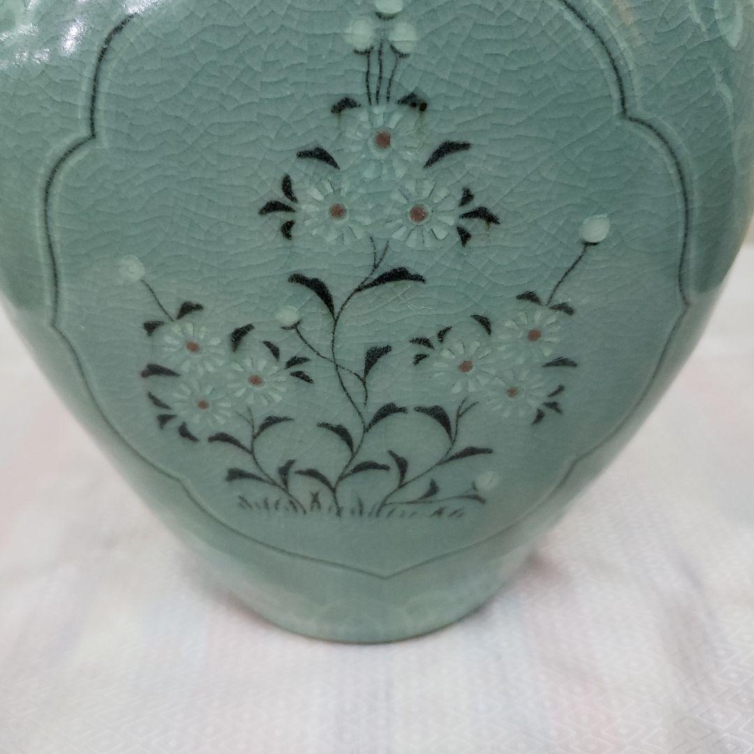 蔵出し特価青緑色の花瓶 陶器製作家物高さ21cm幅15cm×13cm