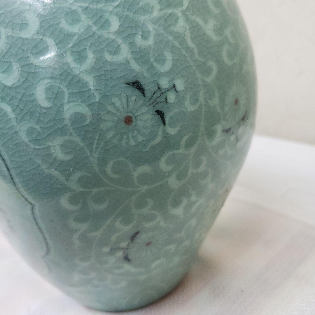 蔵出し特価青緑色の花瓶 陶器製作家物高さ21cm幅15cm×13cm
