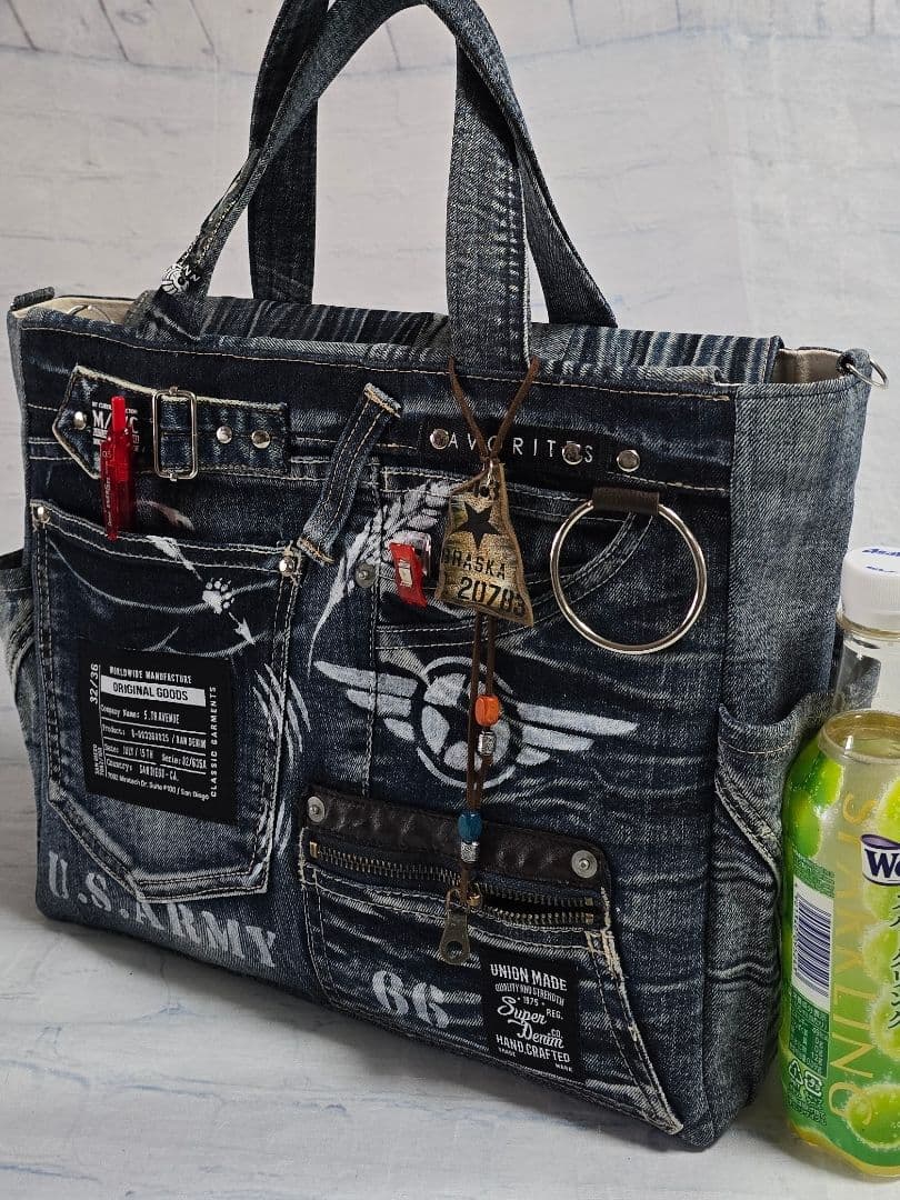 デニムリメイクバッグ 男前 大サイズ上部ファスナー ビジネス メンズ