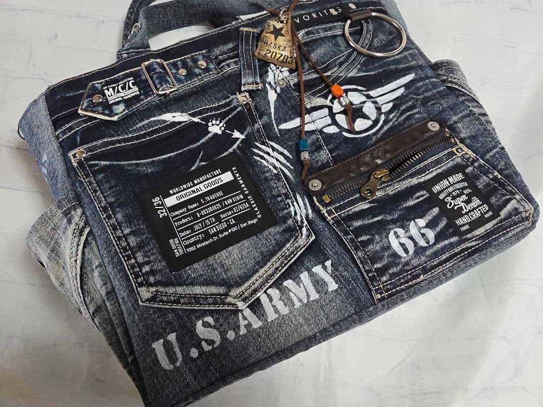 デニムリメイクバッグ 男前 大サイズ上部ファスナー ビジネス メンズ
