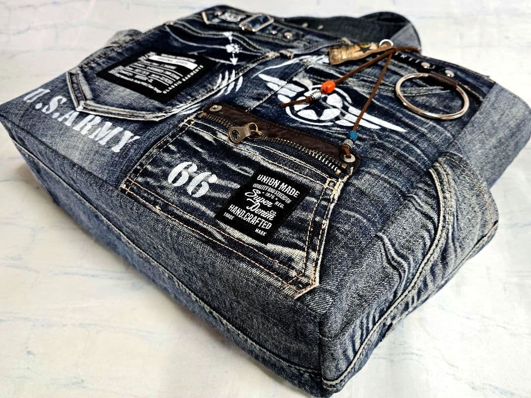 デニムリメイクバッグ 男前 大サイズ上部ファスナー ビジネス メンズ
