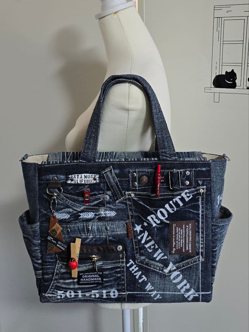 デニムリメイクバッグ 男前 大サイズ上部ファスナー ビジネス メンズ