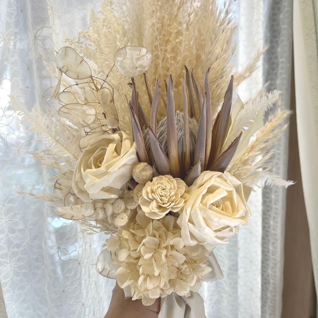 ドライフラワーブーケ　ウェディングブーケ　ピンク系ブーケブートニア付き❣️