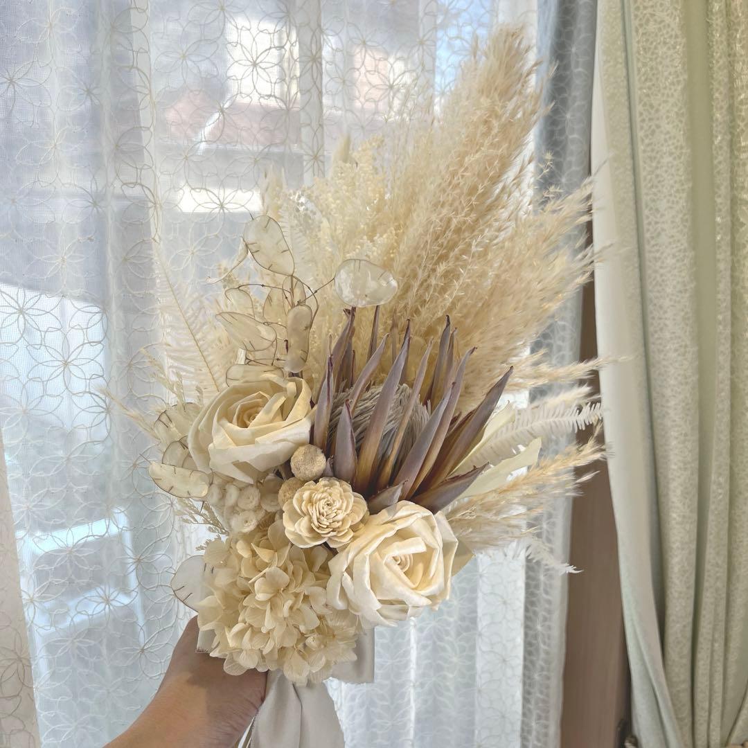 ドライフラワーブーケ　ウェディングブーケ　ピンク系ブーケブートニア付き❣️